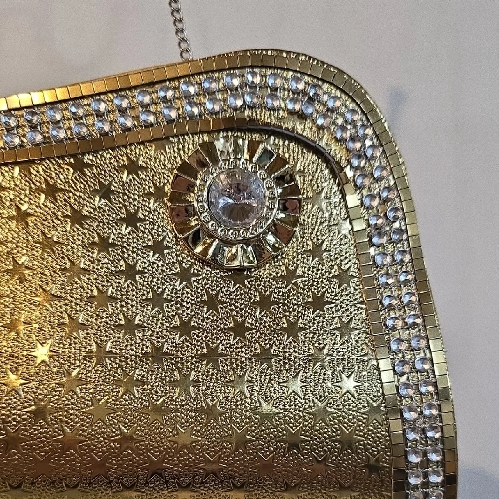 Elegant Gold Clutch with Rhinestone Detailing Evening Cocktails Holidays Medium